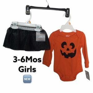 Baby Girl Pumpkin Halloween 3/6 Mo Onesie & Skirt Tutu Orange Black NWT